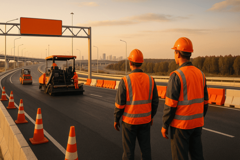 Cвежий асфальт, дорожная техника и рабочие в оранжевых жилетах на закате — nicetry.blog