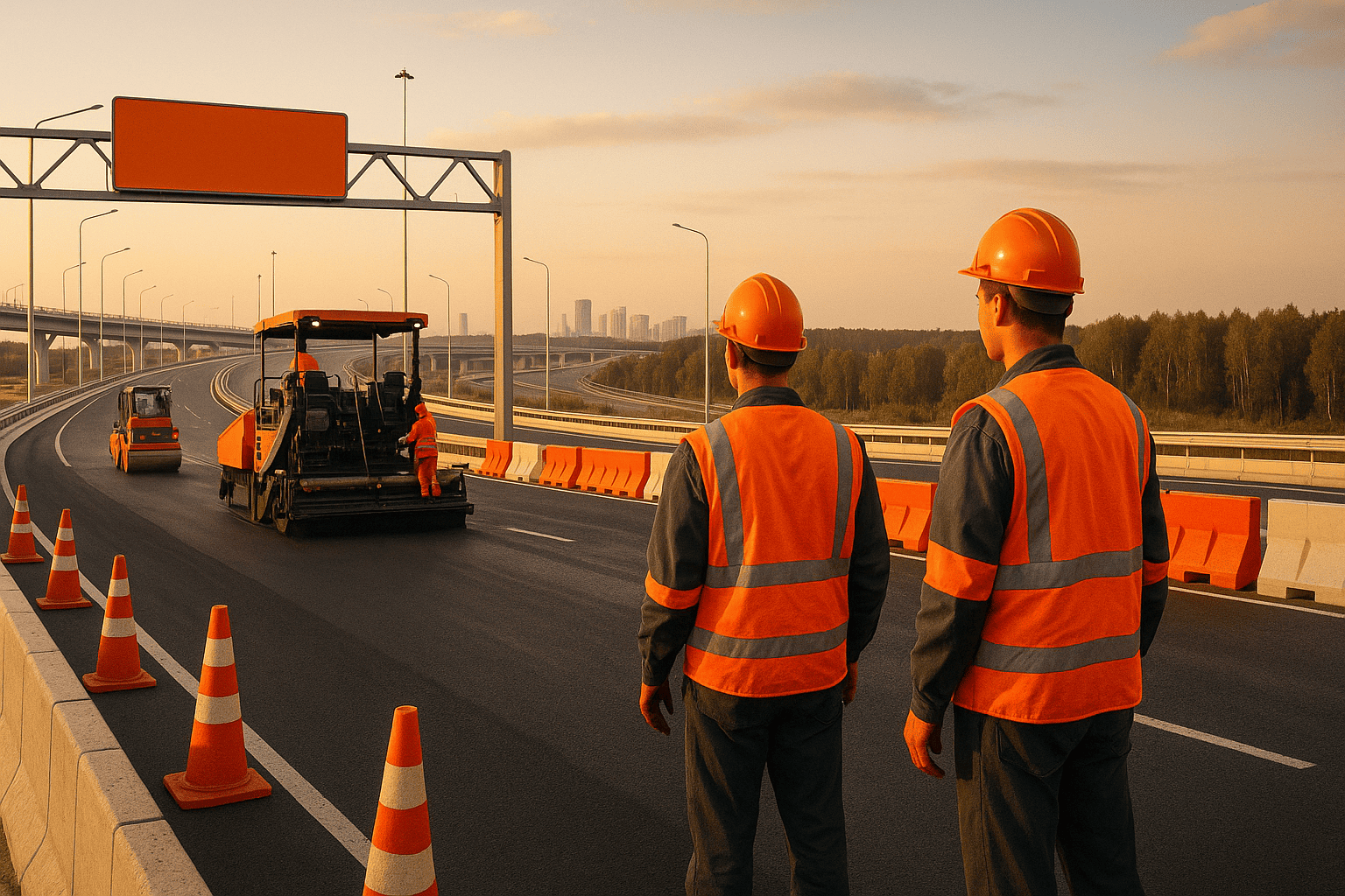Cвежий асфальт, дорожная техника и рабочие в оранжевых жилетах на закате — nicetry.blog
