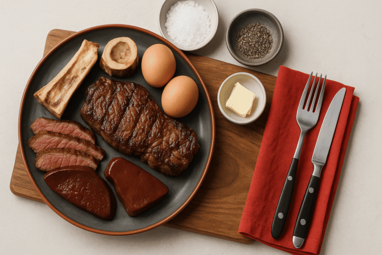 Диета карнивор: аппетитная тарелка с разными видами мяса, субпродуктами, костным мозгом и яйцами на светлом нейтральном фоне — nicetry.blog