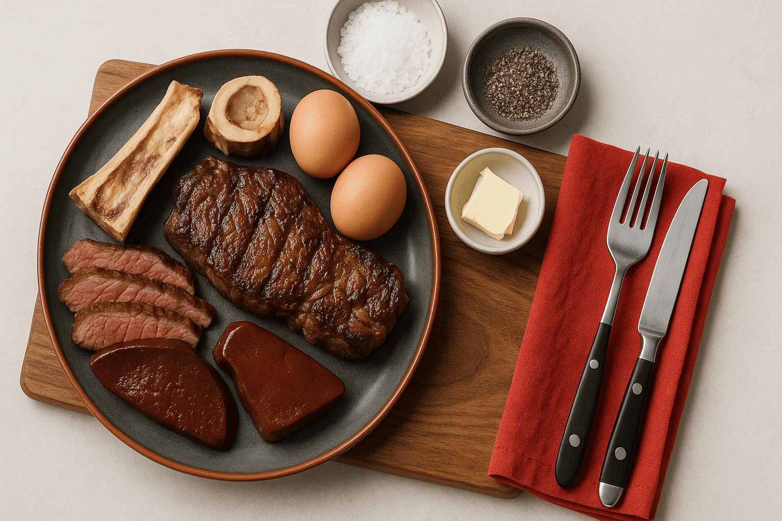 Диета карнивор: аппетитная тарелка с разными видами мяса, субпродуктами, костным мозгом и яйцами на светлом нейтральном фоне — nicetry.blog