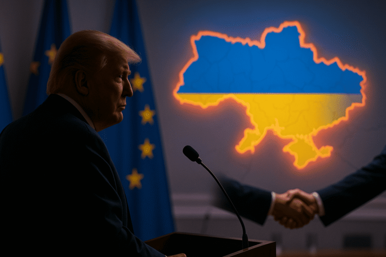 Дональд Трамп у трибунного микрофона на фоне флага ЕС и карты Украины - nicetry.blog