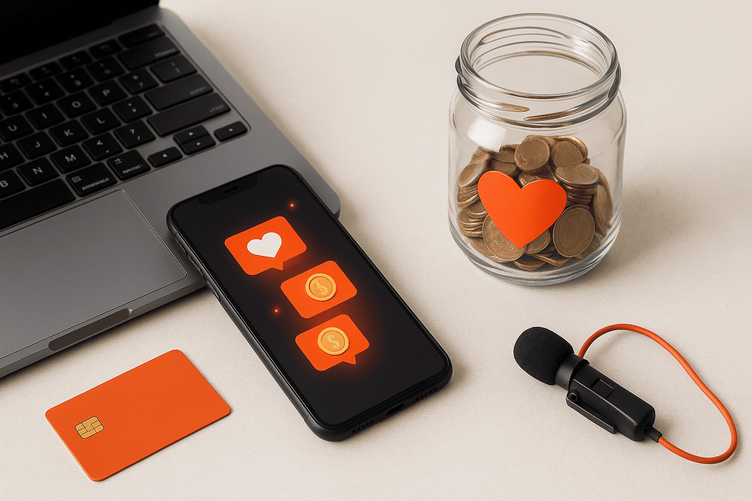 Донаты: рабочее место креатора со смартфоном с иконками уведомлений, банкой для чаевых с сердцем, картой и петличным микрофоном — nicetry.blog