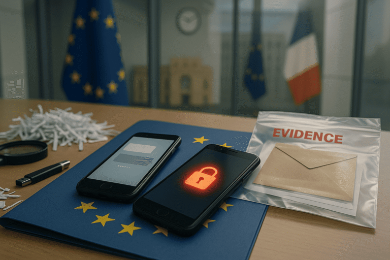 ЕС расследует исчезнувшие переписки - стол с двумя смартфонами на папке с эмблемой ЕС - улики и шреддерная бумага - на фоне флаги ЕС и Франции - nicetry.blog