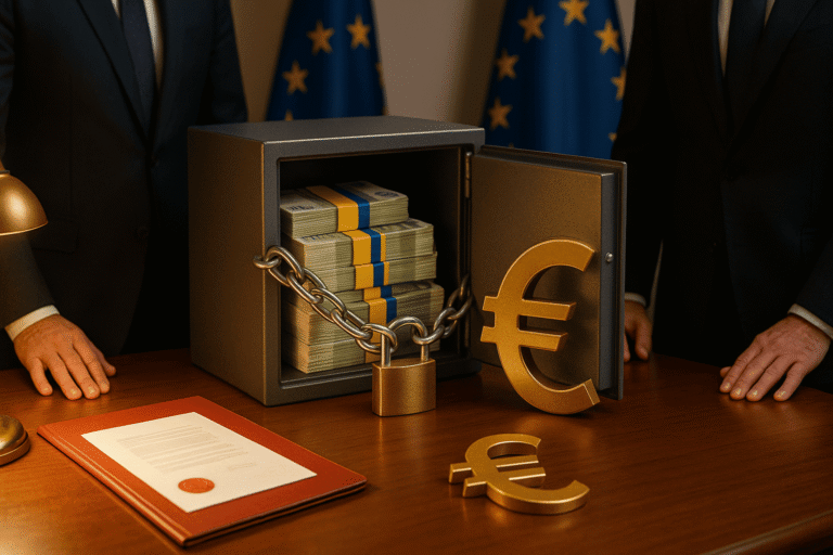 ЕС репарационный кредит ЕС Украине - открытый сейф с пачками евро - перевязанными сине-желтыми лентами - цепь и замок - на фоне флаги ЕС — nicetry.blog