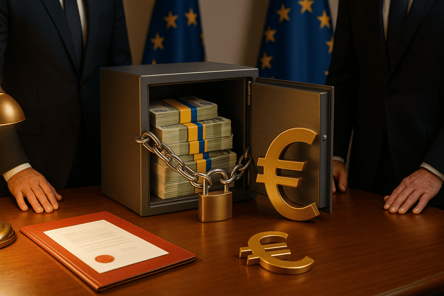 ЕС репарационный кредит ЕС Украине - открытый сейф с пачками евро - перевязанными сине-желтыми лентами - цепь и замок - на фоне флаги ЕС — nicetry.blog