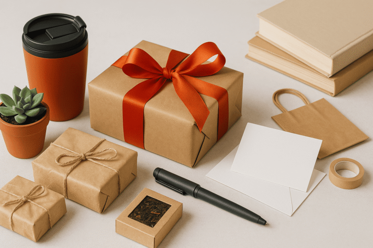 Этичные и недорогие подарки к Дню учителя: крафт-упаковка с оранжевой лентой, термокружка, суккулент и открытка – nicetry.blog