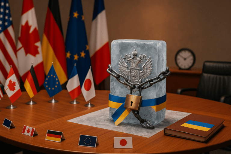 G7 за круглым столом - флаги стран - на столе замороженные российские активы во льду под цепью и замком - с желто-синей лентой Украины — nicetry.blog
