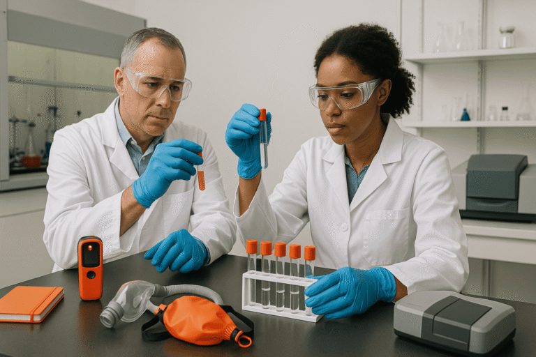 Химики в защитных перчатках тестируют средство против отравления угарным газом - на столе пробирки - датчик CO и приборный модуль - nicetry.blog