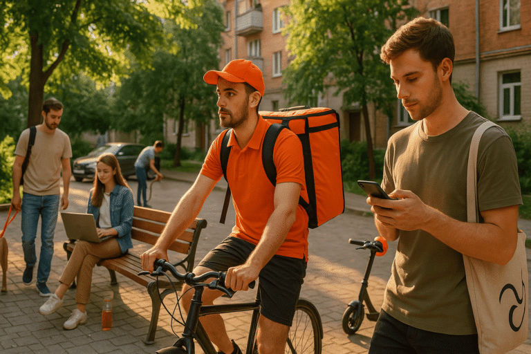 Лето 2025: россияне на подработках — курьер, фрилансер, выгул собак и приложения на смартфоне в городском дворе - nicetry.blog