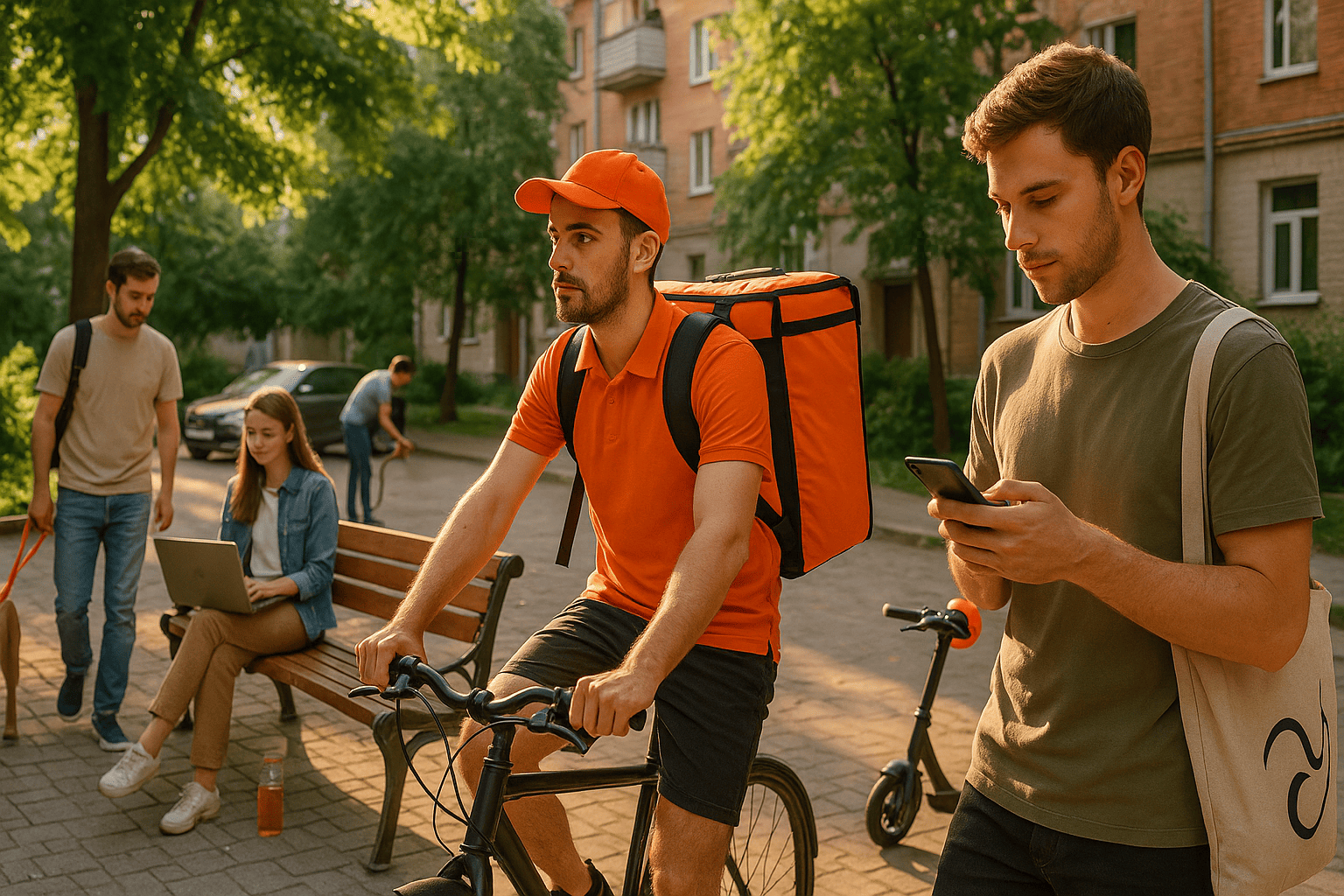 Лето 2025: россияне на подработках — курьер, фрилансер, выгул собак и приложения на смартфоне в городском дворе - nicetry.blog