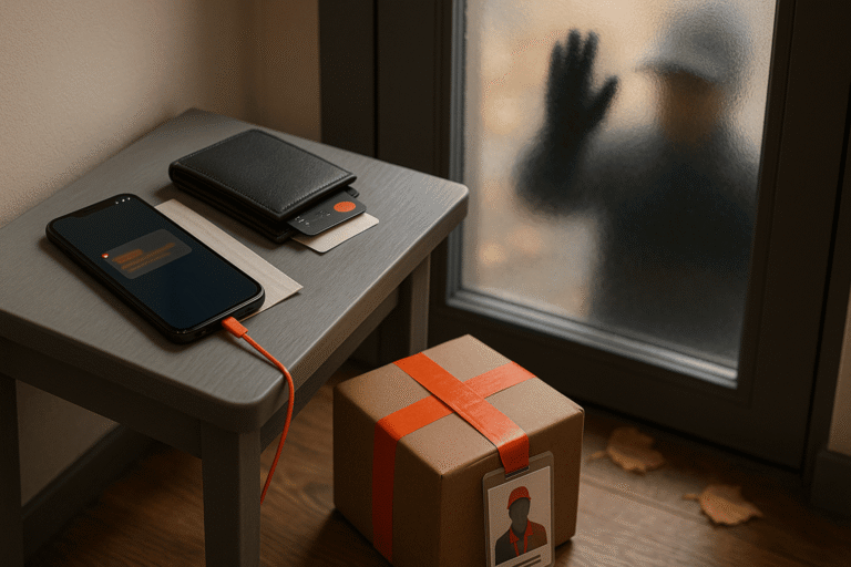 На светлом столике смартфон с размытым уведомлением, рядом кошелёк и карты; на полу посылка с оранжевой лентой — nicetry.blog