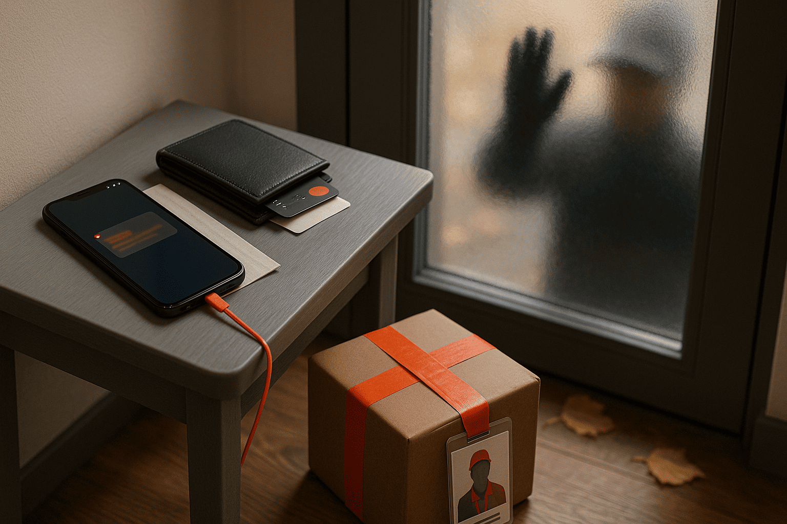 На светлом столике смартфон с размытым уведомлением, рядом кошелёк и карты; на полу посылка с оранжевой лентой — nicetry.blog