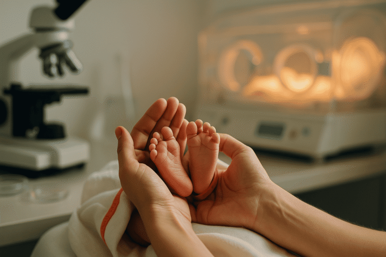 Новорождённые ножки в ладонях на фоне лабораторного оборудования — реалистичная обложка о детях, рождённых благодаря ЭКО — nicetry.blog