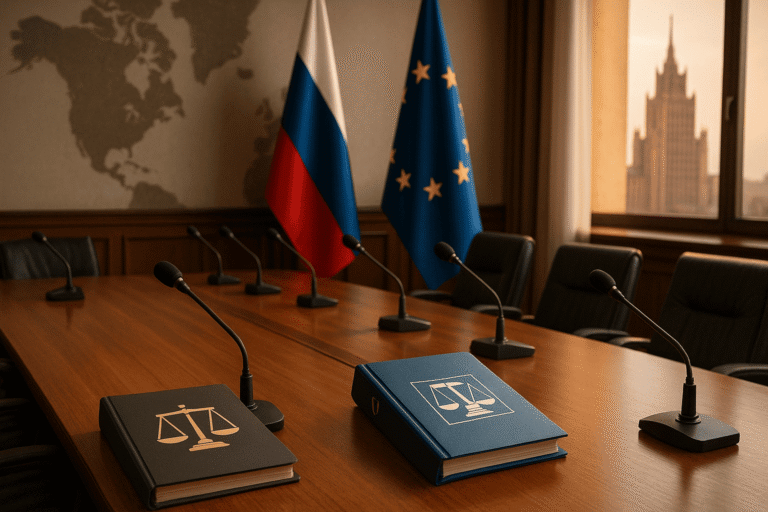 Обсуждение участия России в деятельности БДИПЧ ОБСЕ - пустой зал переговоров с микрофонами - флагами РФ и ЕС - на столе папки с символом Фемиды — nicetry.blog