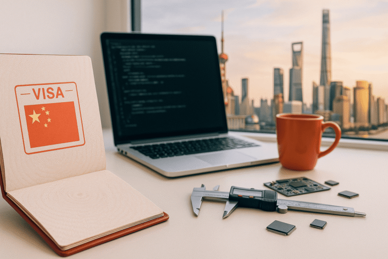 Открытый паспорт с визой, ноутбук с кодом и инженерные микросхемы на столе на фоне Шанхая – nicetry.blog