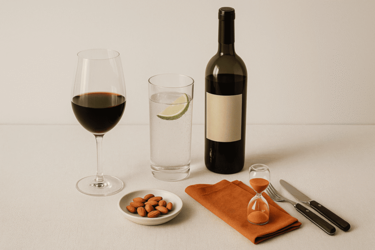 Ответственное потребление алкоголя: бокал красного вина рядом со стаканом газированной воды с лаймом, бутылка без ярлыка, тарелка с миндалём и песочные часы — nicetry.blog