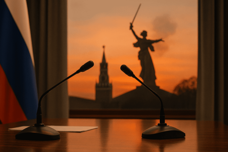 Переговорный стол с двумя микрофонами на фоне закатного окна - силуэт Спасской башни и памятника «Родина-мать» намекает на тему Сталинграда — nicetry.blog