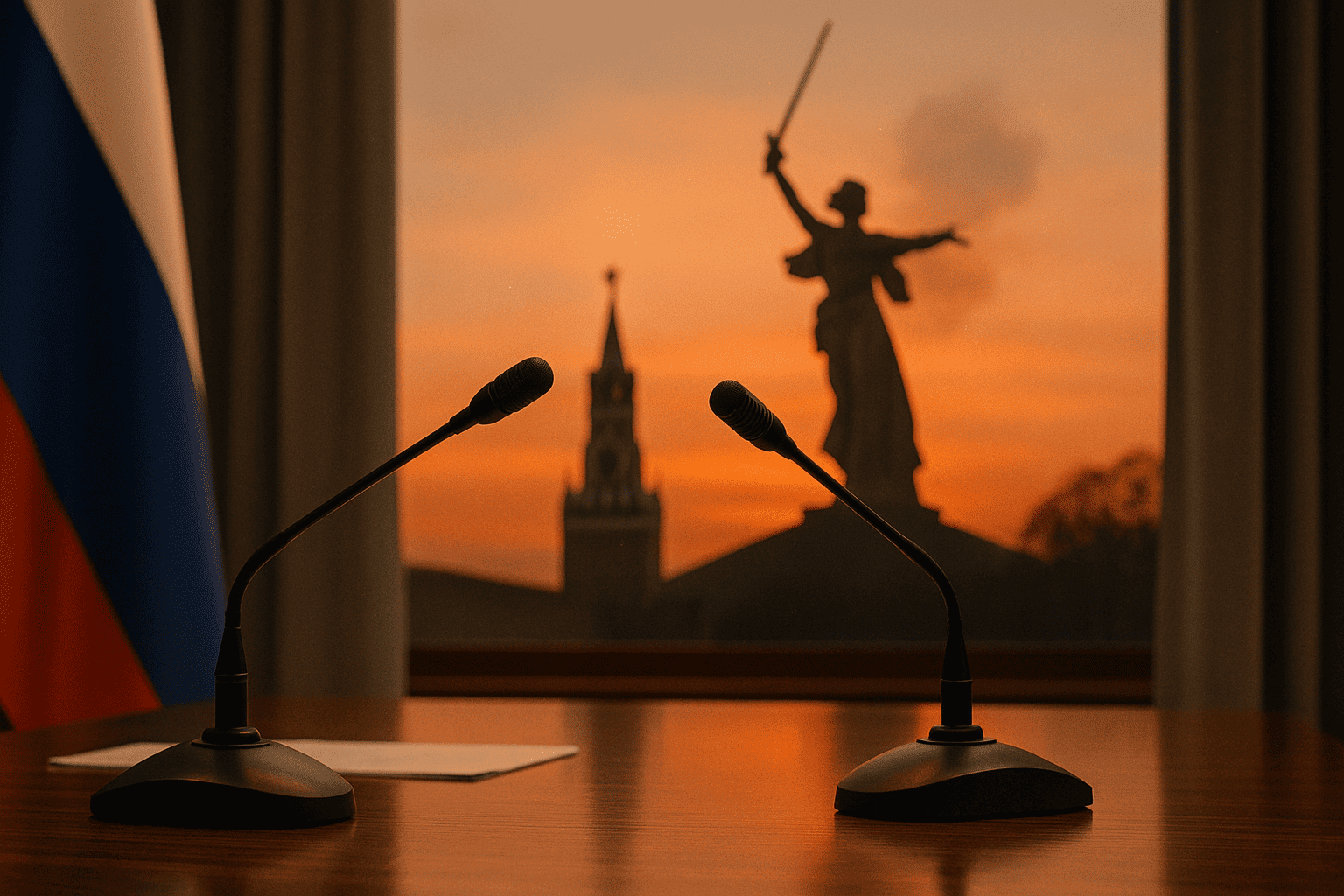 Переговорный стол с двумя микрофонами на фоне закатного окна - силуэт Спасской башни и памятника «Родина-мать» намекает на тему Сталинграда — nicetry.blog