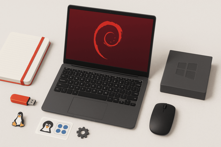 Почему стоит выбрать Debian вместо Windows на своём компьютере — тёмно-серый ноутбук с абстрактным красным спиральным обоев на экране - USB-флешка - чёрная мышь - ноутбук-блокнот и стикеры с пингвином — nicetry.blog