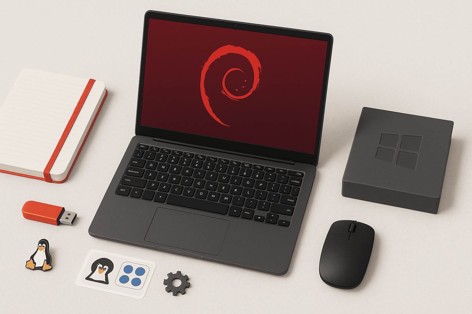 Почему стоит выбрать Debian вместо Windows на своём компьютере — тёмно-серый ноутбук с абстрактным красным спиральным обоев на экране - USB-флешка - чёрная мышь - ноутбук-блокнот и стикеры с пингвином — nicetry.blog