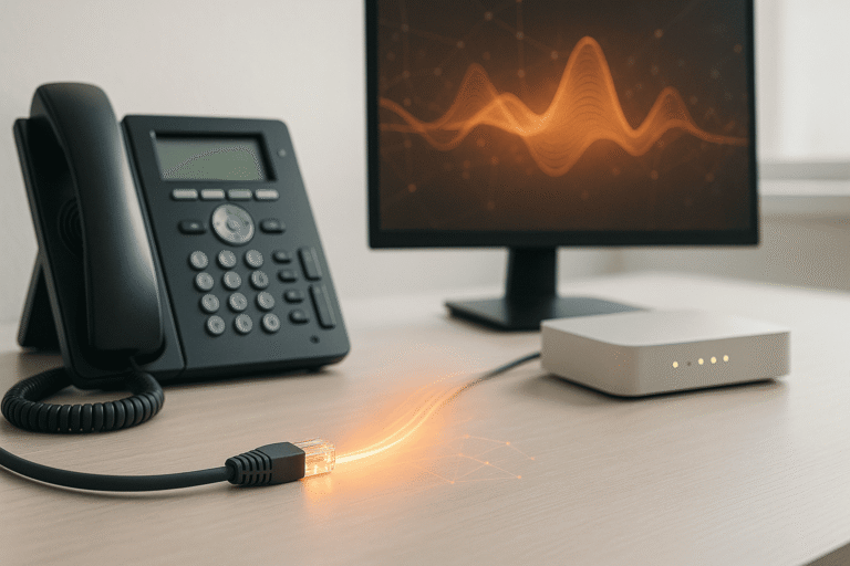 Рабочее место с IP-телефоном, роутером и RJ-45 - оранжевый «световой поток» символизирует передачу голоса по сети — nicetry.blog