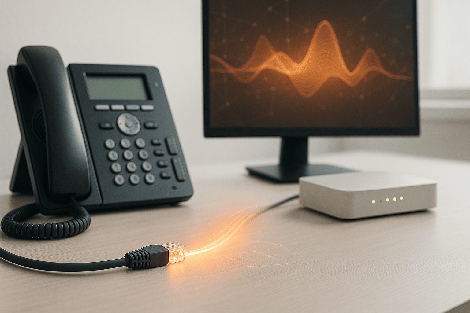 Рабочее место с IP-телефоном, роутером и RJ-45 - оранжевый «световой поток» символизирует передачу голоса по сети — nicetry.blog