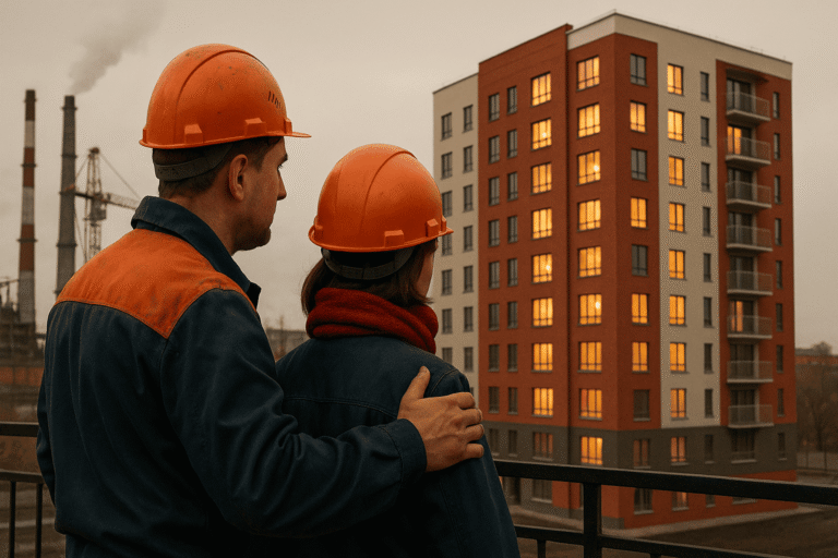 Рабочие завода смотрят на новостройку в вечернем свете — обсуждение ипотеки под 0% для заводчан в Госдуме - nicetry.blog