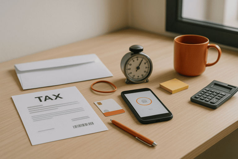 Реалистичная домашняя сцена быстрой оплаты налогов: на светлом столе конверт и размытое уведомление, смартфон с бесконтактной оплатой, банковская карта и калькулятор; рядом таймер и кружка — nicetry.blog