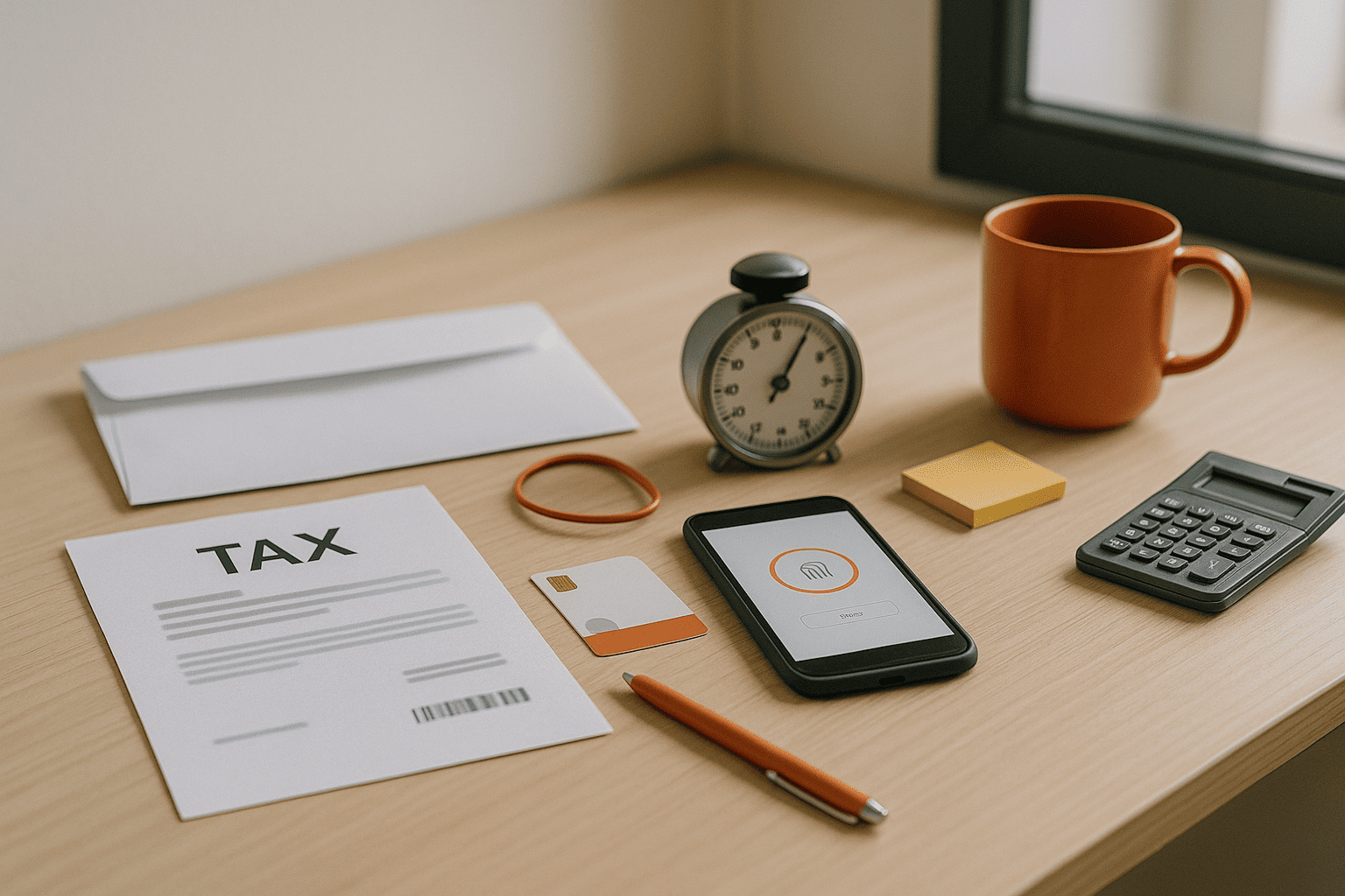 Реалистичная домашняя сцена быстрой оплаты налогов: на светлом столе конверт и размытое уведомление, смартфон с бесконтактной оплатой, банковская карта и калькулятор; рядом таймер и кружка — nicetry.blog