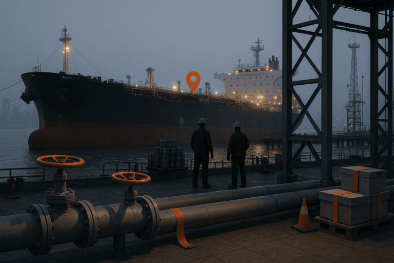 Реалистичная сцена нефтяного терминала на закате: у причала стоит супертанкер, на переднем плане трубы с графитовыми задвижками — nicetry.blog