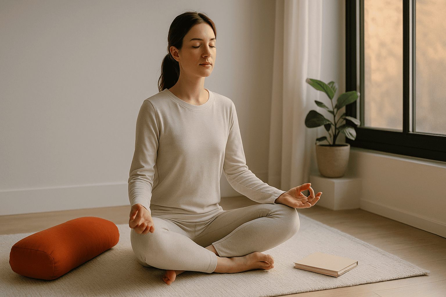 Реалистичная утренняя сцена: девушка в позе медитации на светлом ковре у окна, мягкий свет; рядом оранжевая подушка и блокнот — nicetry.blog