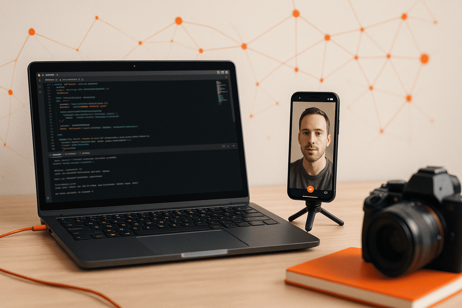 Реалистичное рабочее место - ноутбук с кодом и смартфон с видео в реальном времени - nicetry.blog