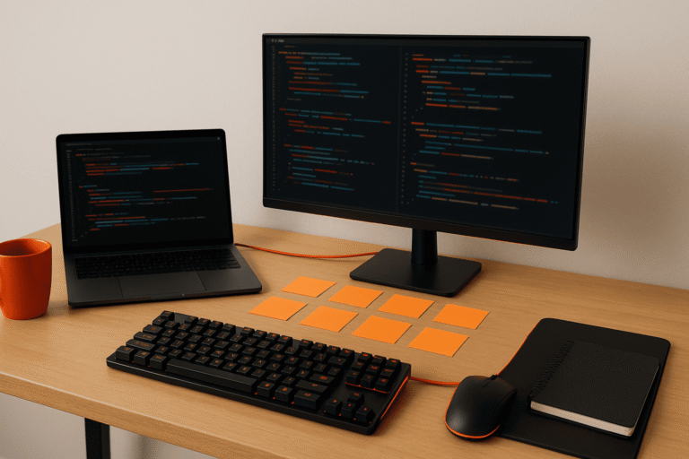 Реалистичное рабочее место разработчика: ноутбук и монитор с абстрактным кодом, атмосфера выбора языка программирования— nicetry.blog