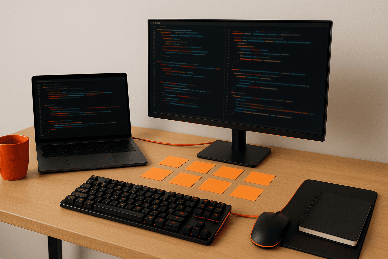 Реалистичное рабочее место разработчика: ноутбук и монитор с абстрактным кодом, атмосфера выбора языка программирования— nicetry.blog