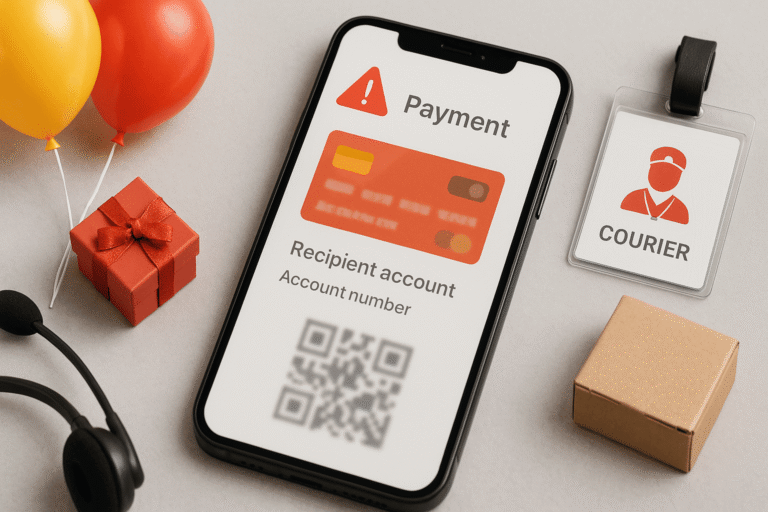 Смартфон с экраном оплаты и размытыми реквизитами на столе - рядом бейдж курьера - маленькая посылка и шарики как в день рождения — nicetry.blog
