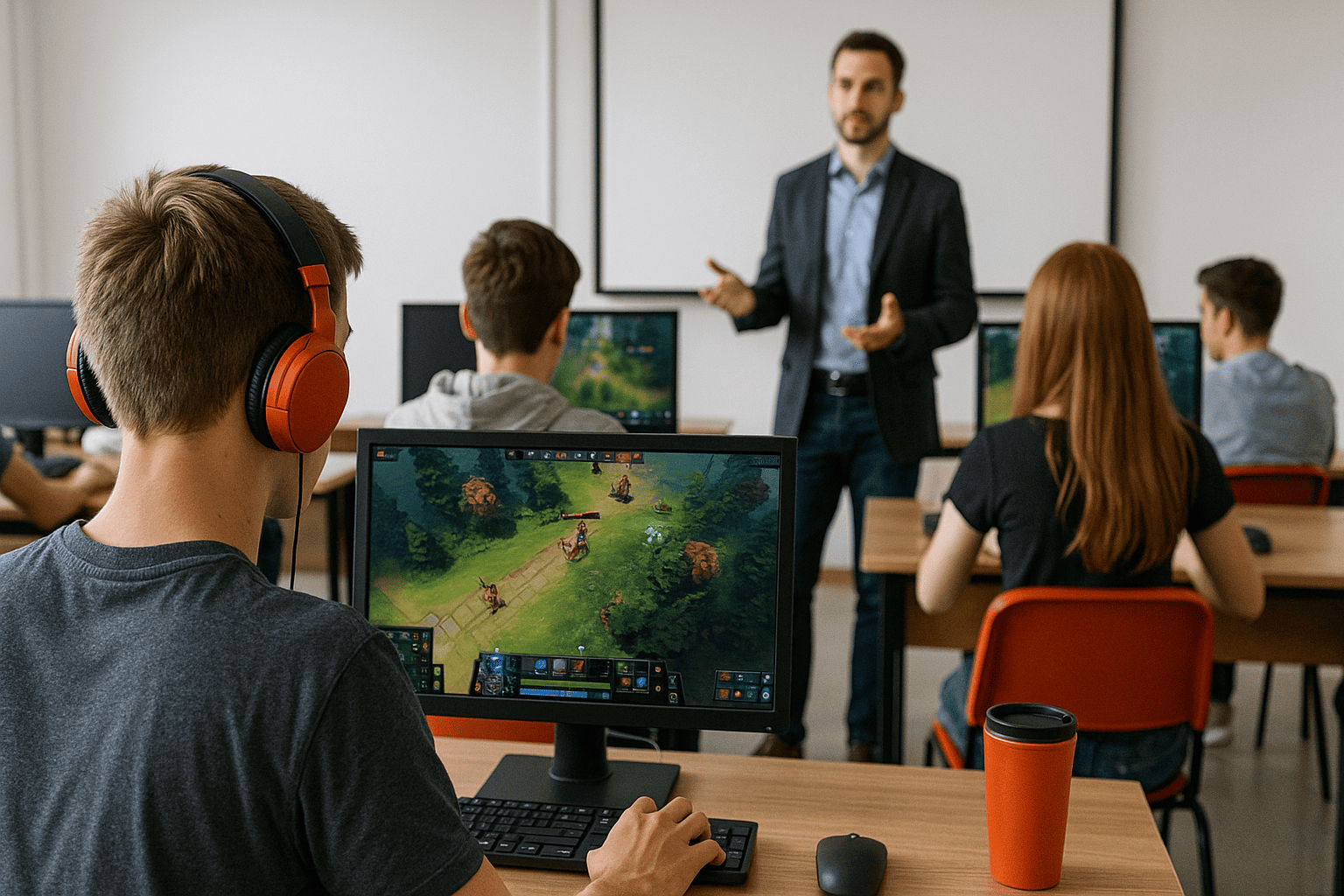 Современный класс информатики, учитель объясняет, а школьники за компьютерами изучают механику MOBA-игры без логотипов — nicetry.blog