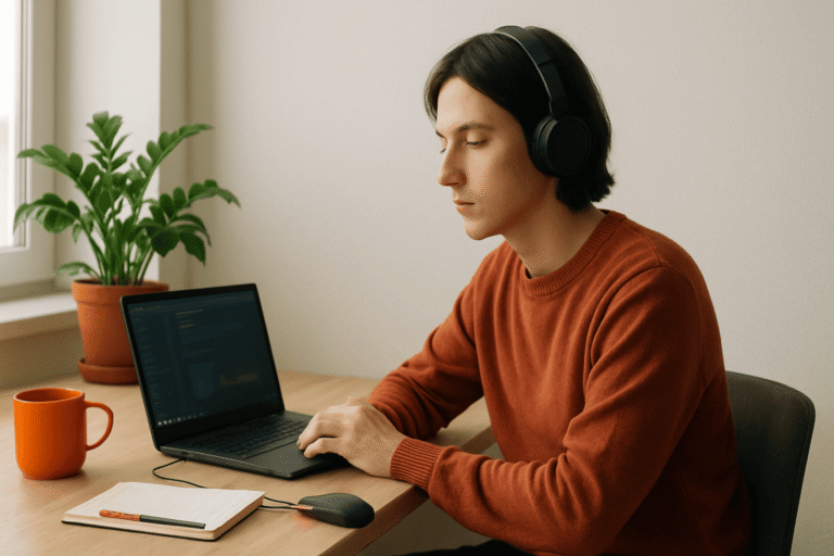 Спокойный интроверт в тихом домашнем кабинете - человек в наушниках работает за ноутбуком - nicetry.blog