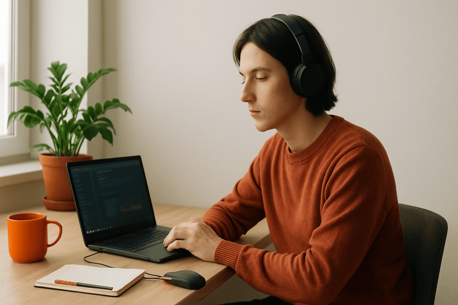 Спокойный интроверт в тихом домашнем кабинете - человек в наушниках работает за ноутбуком - nicetry.blog