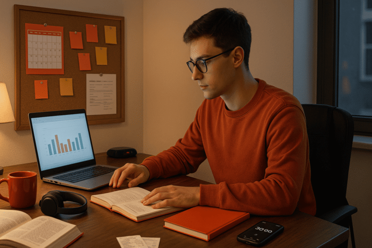 Студент вечером за столом совмещает учебу и подработку: ноутбук с графиком без текста, тетради и планер, на стене тайм-блоки и расписание без надписей - nicetry.blog