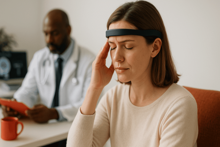 Тренды в лечении мигрени — реалистичное фото пациентки с нейромодуляционным ободком в современной клинике — nicetry.blog