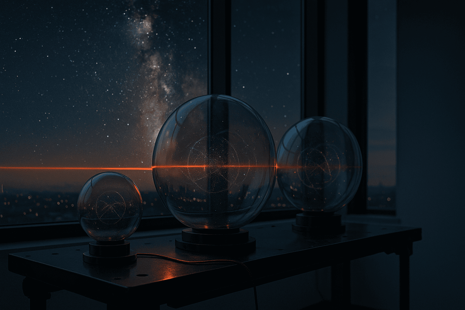 Три стеклянные сферы на графитовом столе с мерцающими частицами и тонким оранжевым лазером - за окнами звёздное небо — nicetry.blog