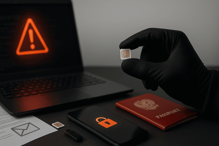 Утечка персональных данных - рука в перчатке держит SIM-карту - смартфон с замком - ноутбук с предупреждением и российский паспорт — nicetry.blog
