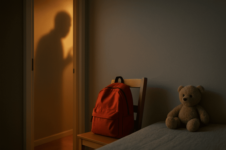 В полумраке детской на стене видна тень взрослого в дверном проёме — nicetry.blog