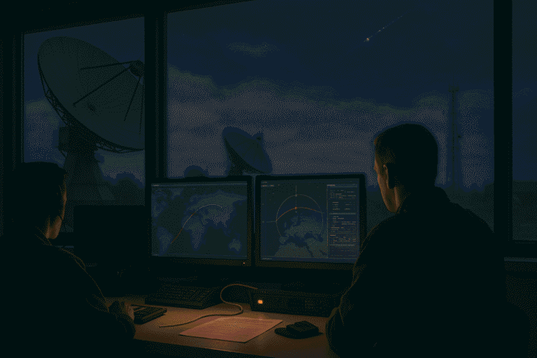 За панорамным окном видны спутниковые антенны, внутри операторы наблюдают орбитальные треки на графитовых мониторах — nicetry.blog