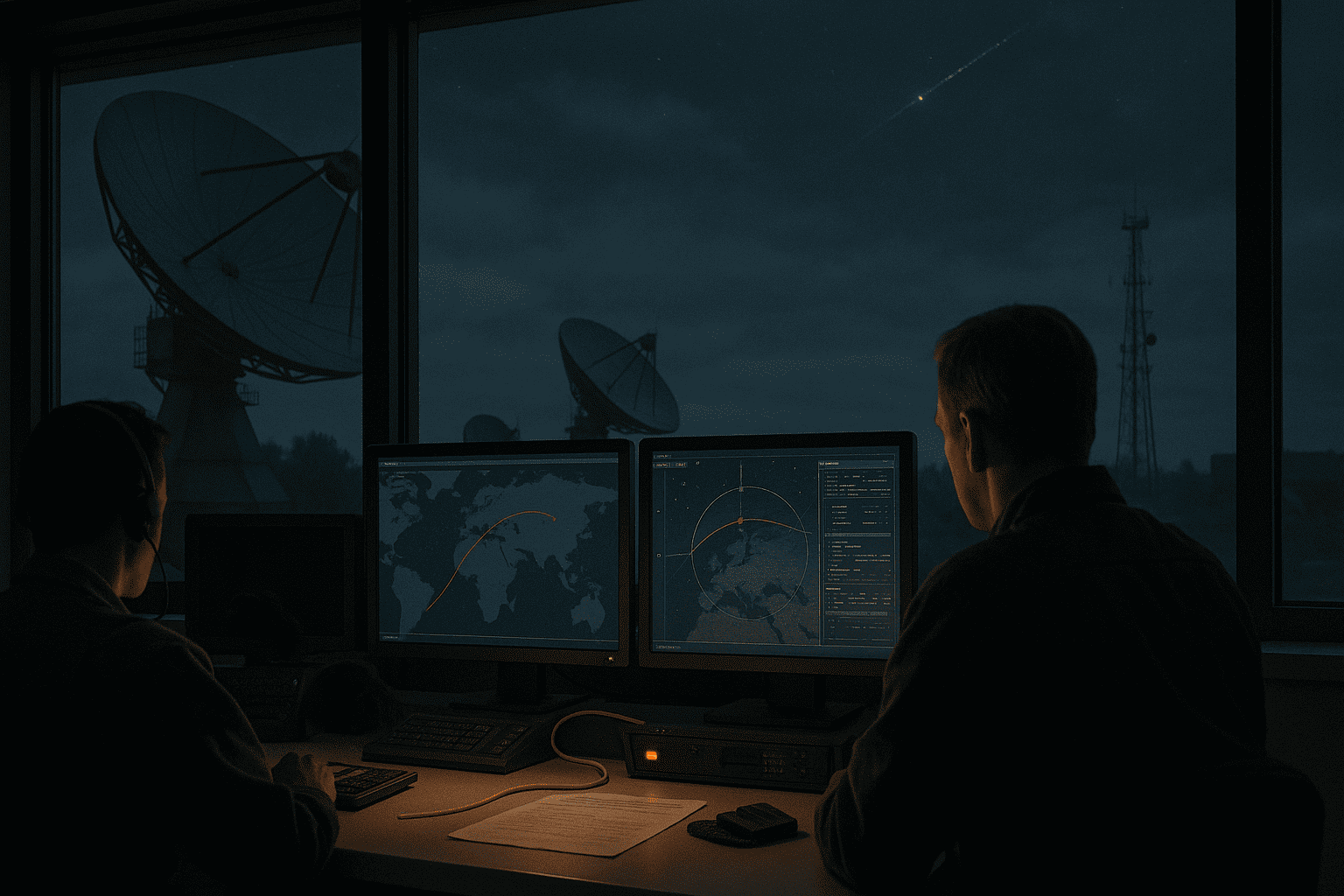 За панорамным окном видны спутниковые антенны, внутри операторы наблюдают орбитальные треки на графитовых мониторах — nicetry.blog