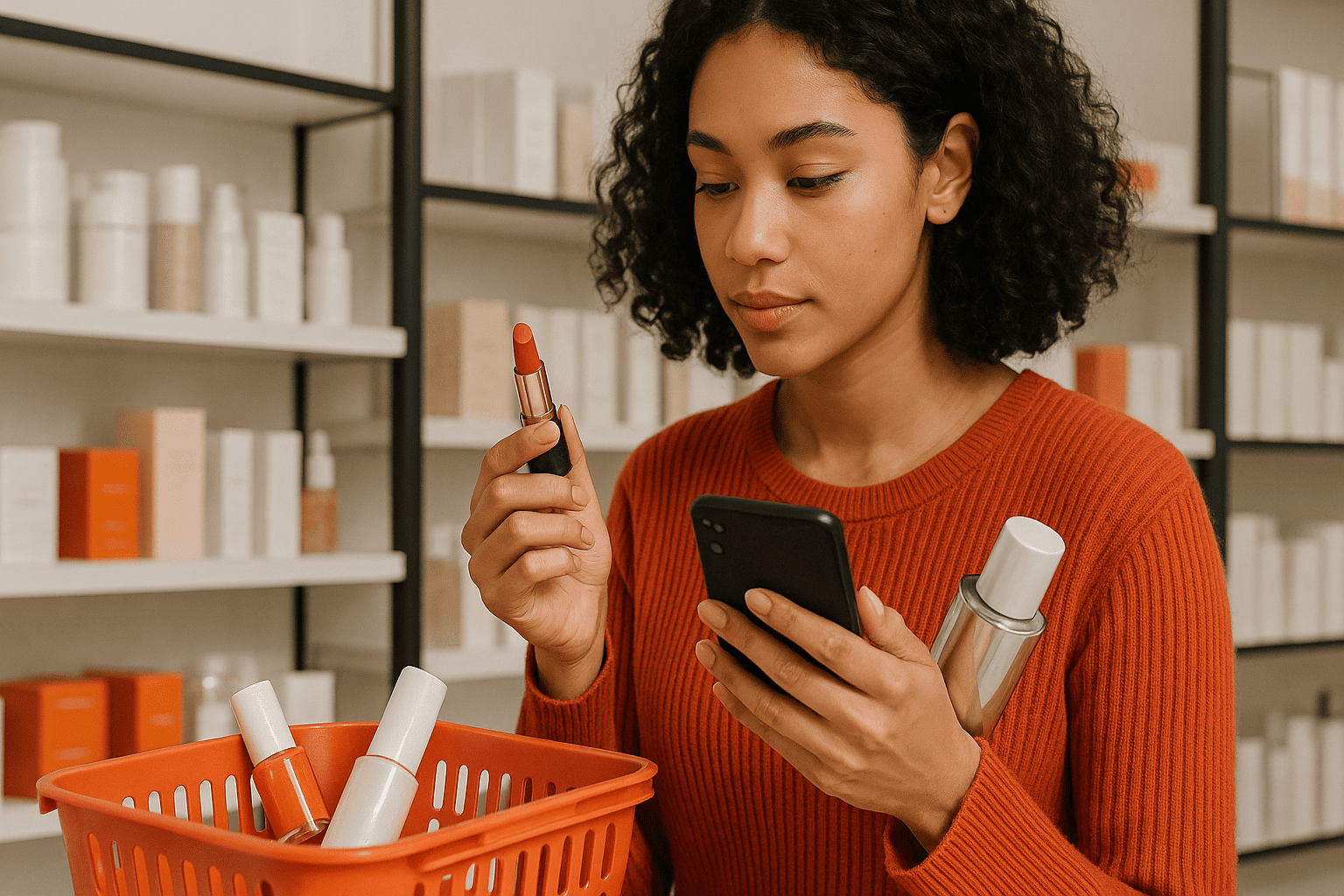 Зумеры и бьюти-покупки: реалистичная сцена выбора косметики в современном магазине, смартфон с отзывами — nicetry.blog