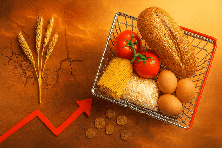 корзина с базовыми продуктами и монетами на фоне раскалённой растрескавшейся земли — nicetry.blog