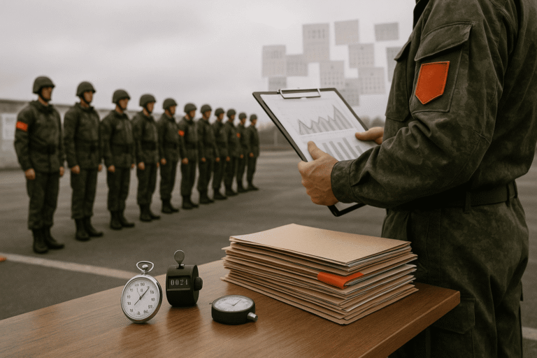 на плацу в шеренге стоят военнослужащие, в переднем плане стол с папками, секундомером и счётчиком — nicetry.blog