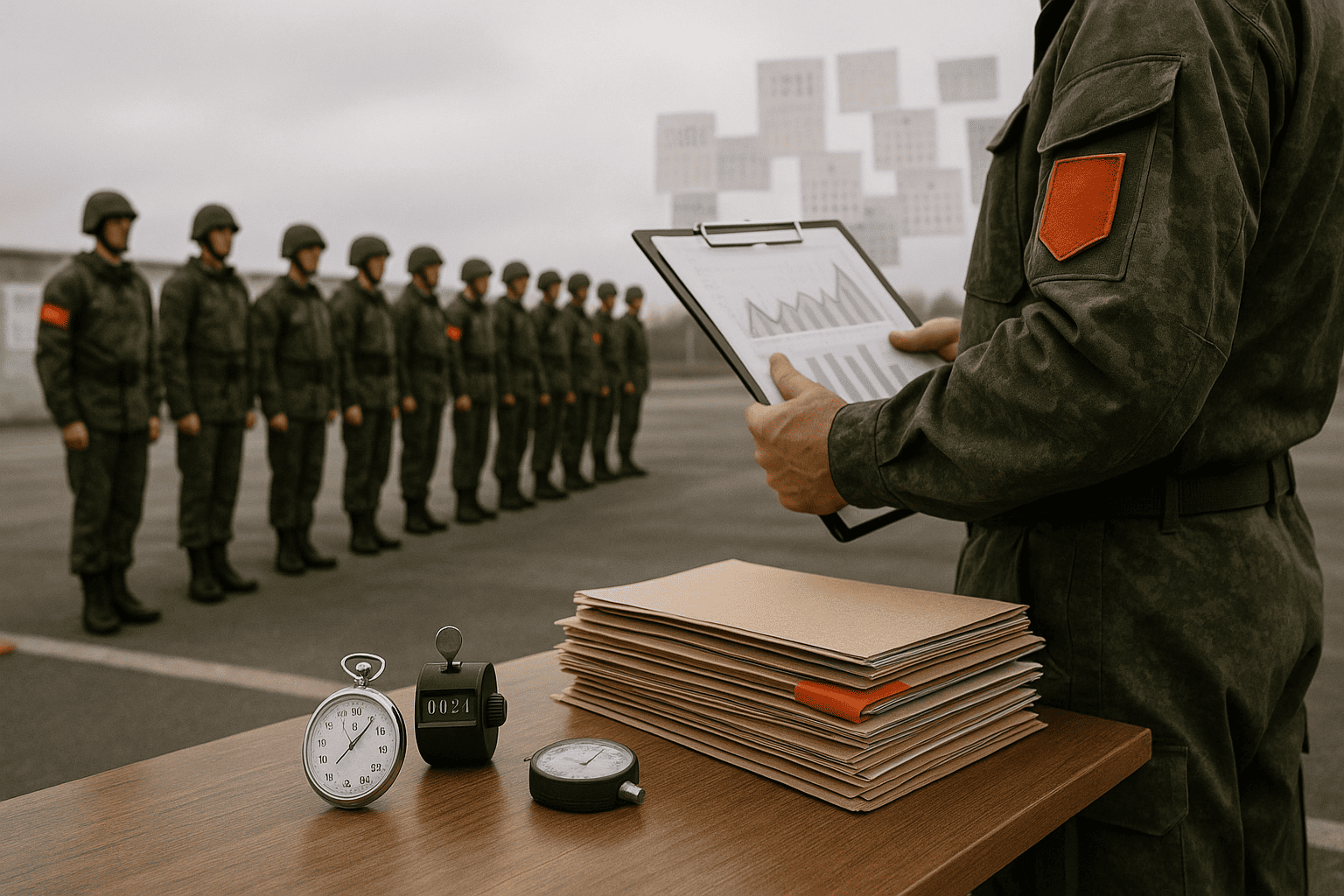 на плацу в шеренге стоят военнослужащие, в переднем плане стол с папками, секундомером и счётчиком — nicetry.blog