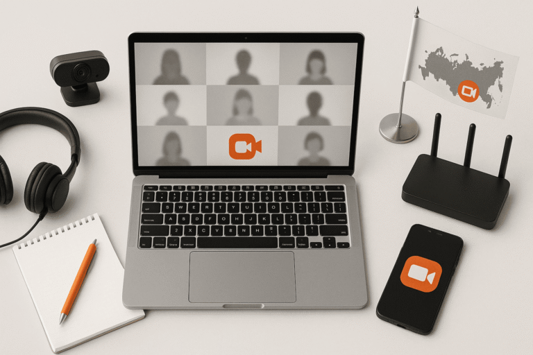 ноутбук с сеткой участников, смартфон и иконки камеры — nicetry.blog